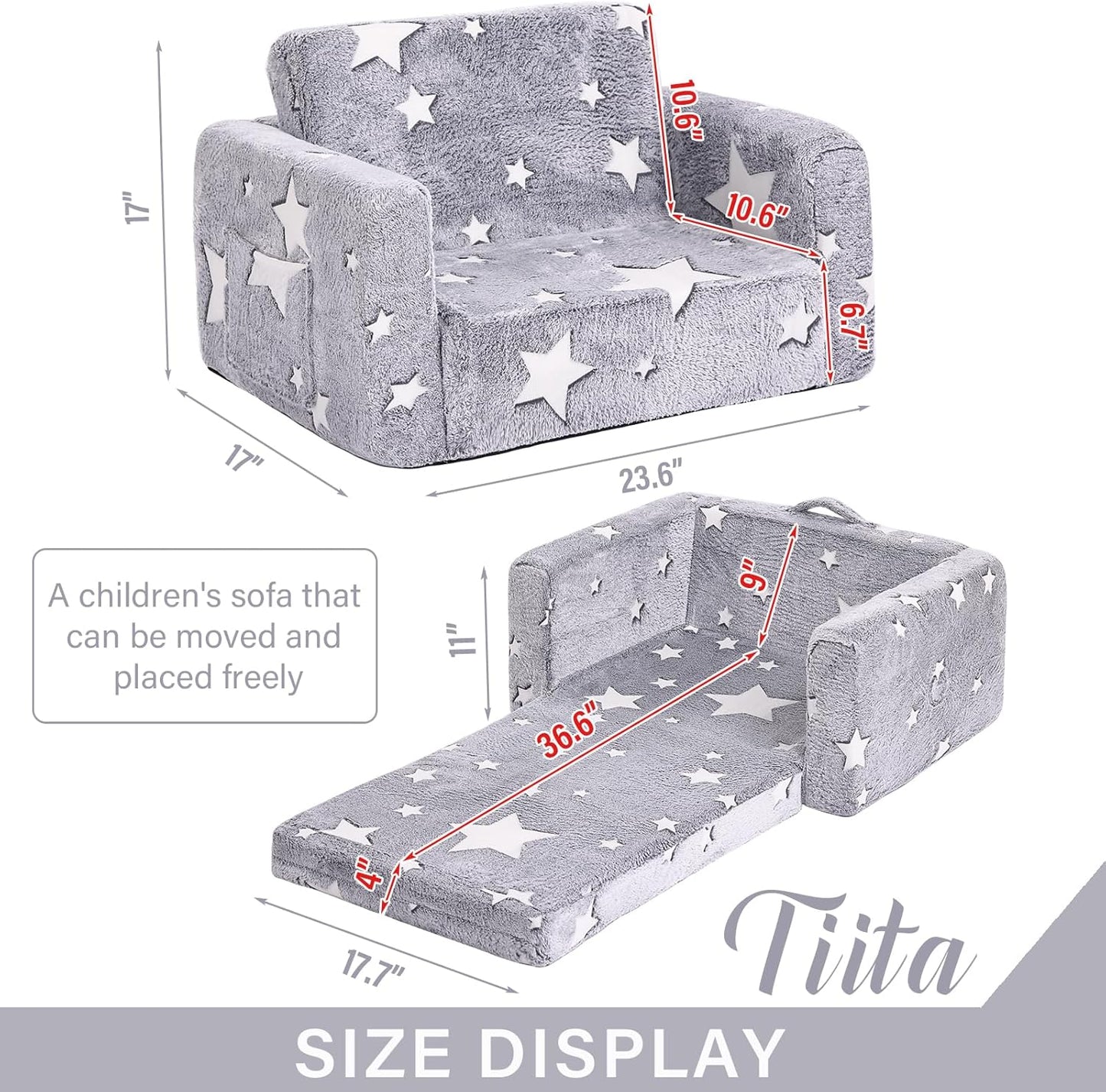 Tiita Kids Chair Couch, Folding Toddler Comfy Sofa Chairs, 2-in-1 Kids Plush Sofa Fold Out, Baby Armrest Chair Sofa to Lounger, Convertible Play Sofas to Bed for Girl or Boy, Grey Star