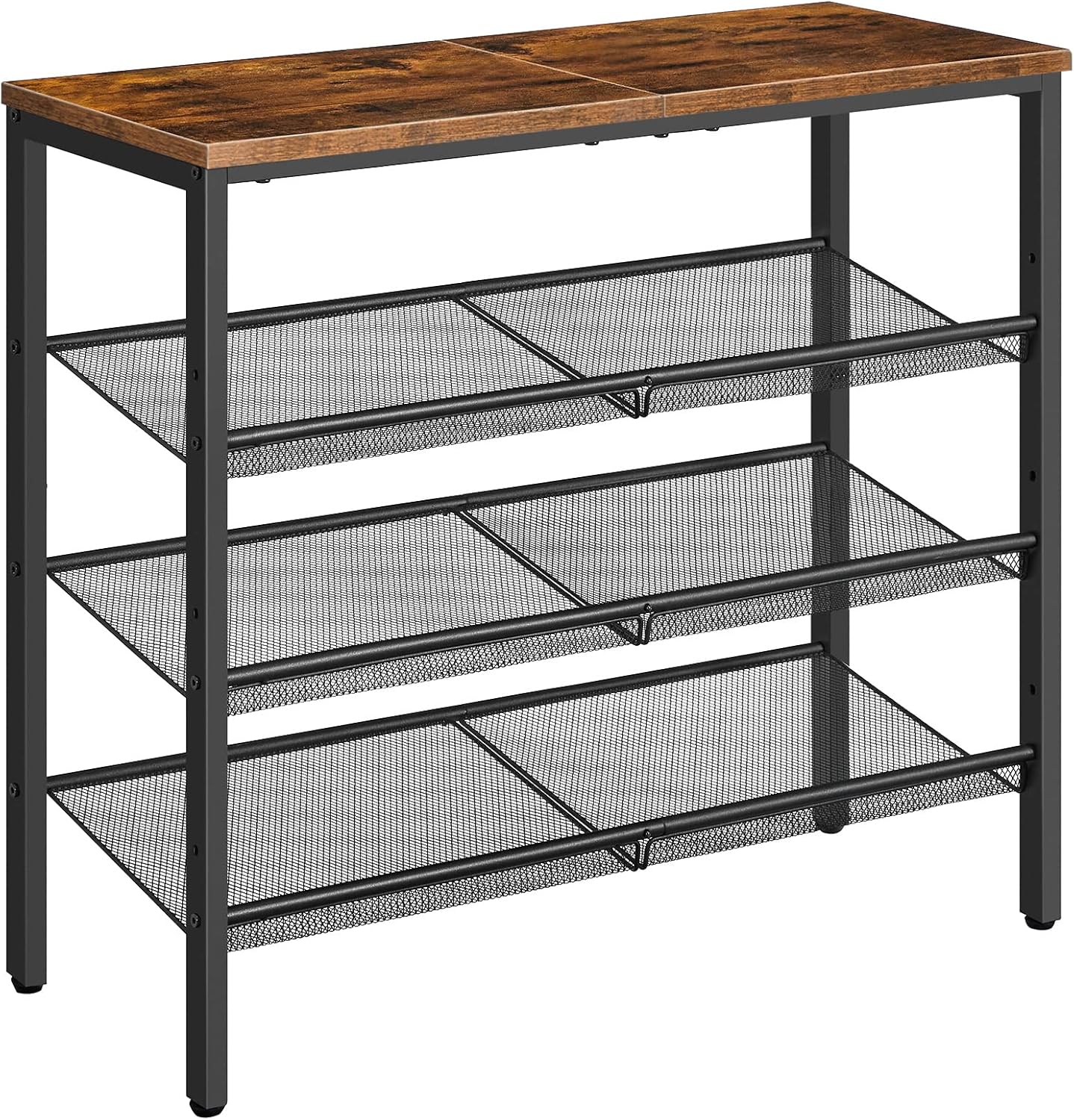 HOOBRO Shoe Rack for Entryway, 4-Tier Shoe Organizer with Adjustable Mesh Shelves, 12-16 Pairs of Shoes, Spacious Floor Mount, Metal, Industrial, Shoe Shelf for Closet, Rustic Brown BF42XJ01