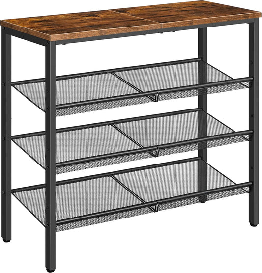 HOOBRO Shoe Rack for Entryway, 4-Tier Shoe Organizer with Adjustable Mesh Shelves, 12-16 Pairs of Shoes, Spacious Floor Mount, Metal, Industrial, Shoe Shelf for Closet, Rustic Brown BF42XJ01