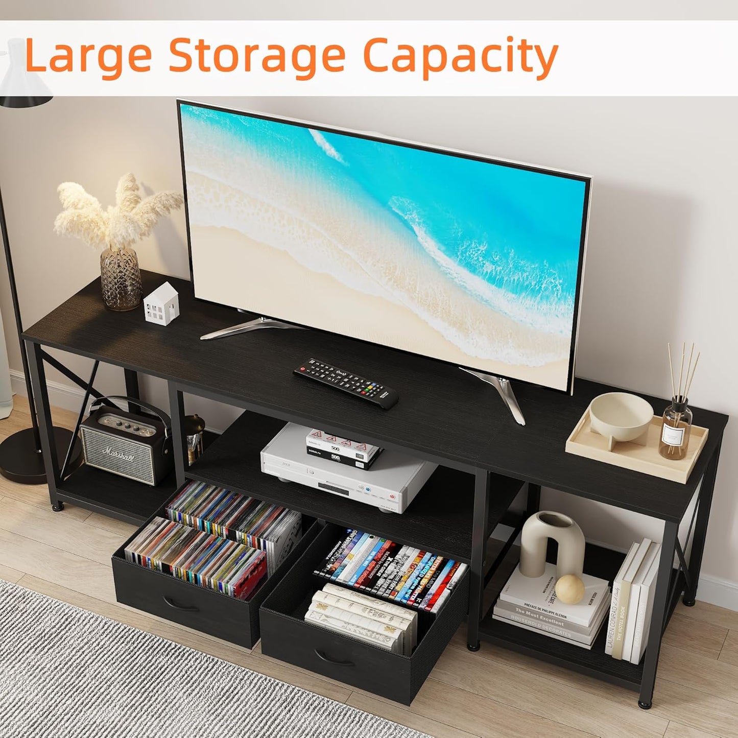 TV Stand with Fabric Drawers for 65 70 75 Inches TV - Entertainment Center and Industrial TV Console Table with Open Storage Shelves for Living Room, Bedroom - 63.5" Black