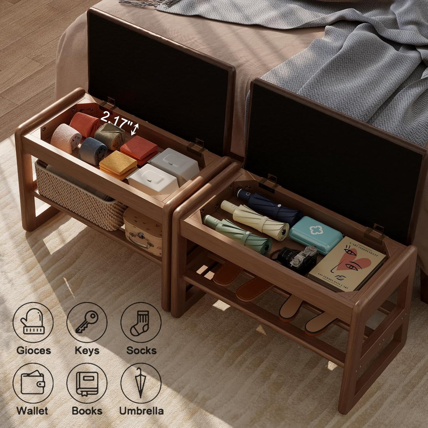 Small Shoe Bench with Leather Cushion,2 Tiers Shoe Rack Bench with Flip-Top Storage,Wood Shoe Rack for Entryway（Walnut,23.62"）