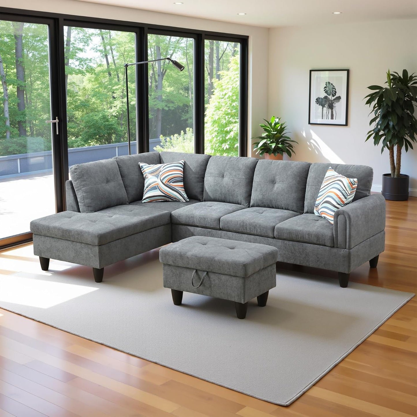 97" Oversized Sectional Couch, L Shaped Couch with Storage Ottoman, Modern Modular Sofa with Deep Seat, Sectional Couches for Living Room and Office, Dark Grey (Fluffy Fabric)