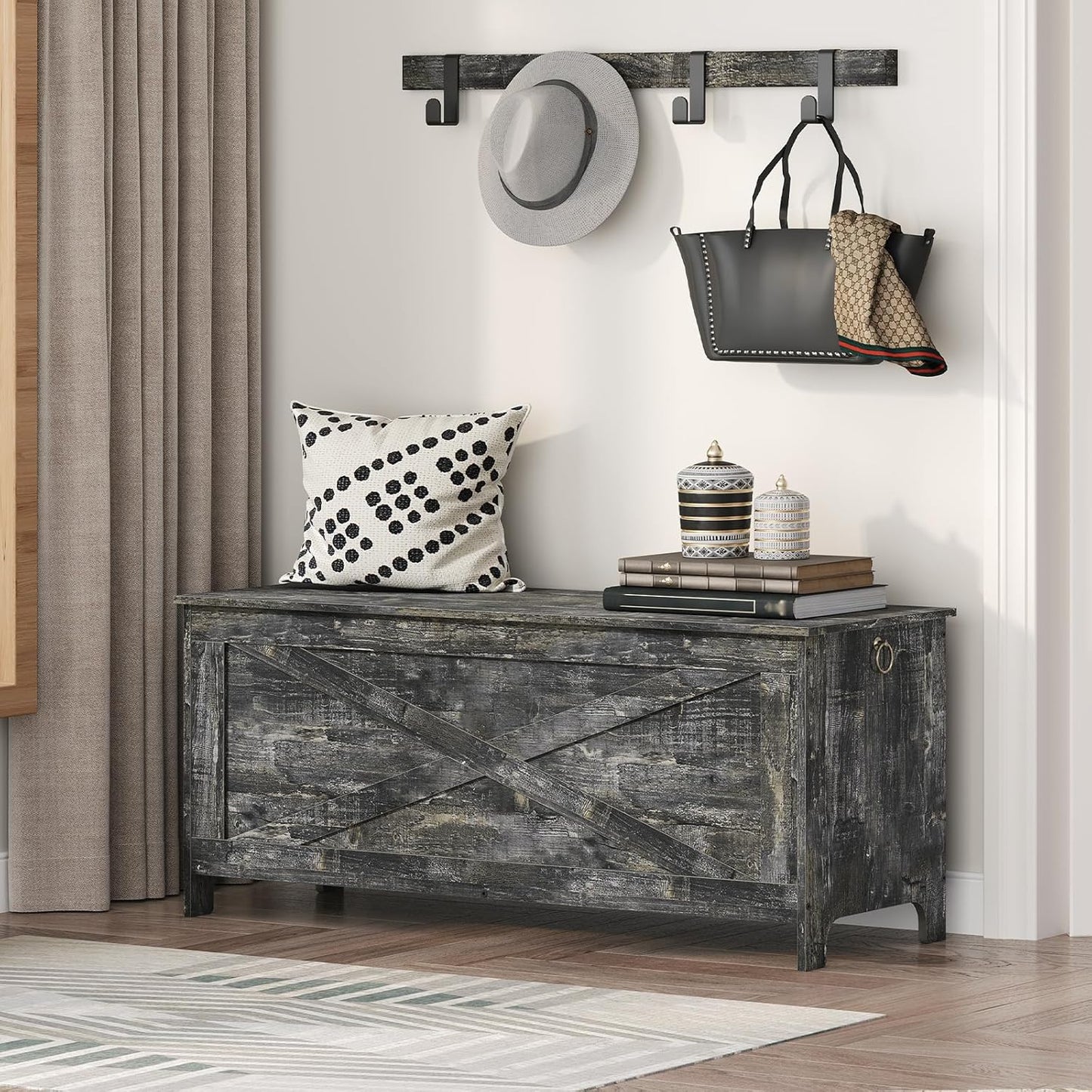 47.2" Toy Chest, Sturdy Entryway Storage Chest with Safety Hinges, Retro Toy Box, Wooden Look Accent Furniture for Living Room, Bedroom, Vintage Gray SCRP48801