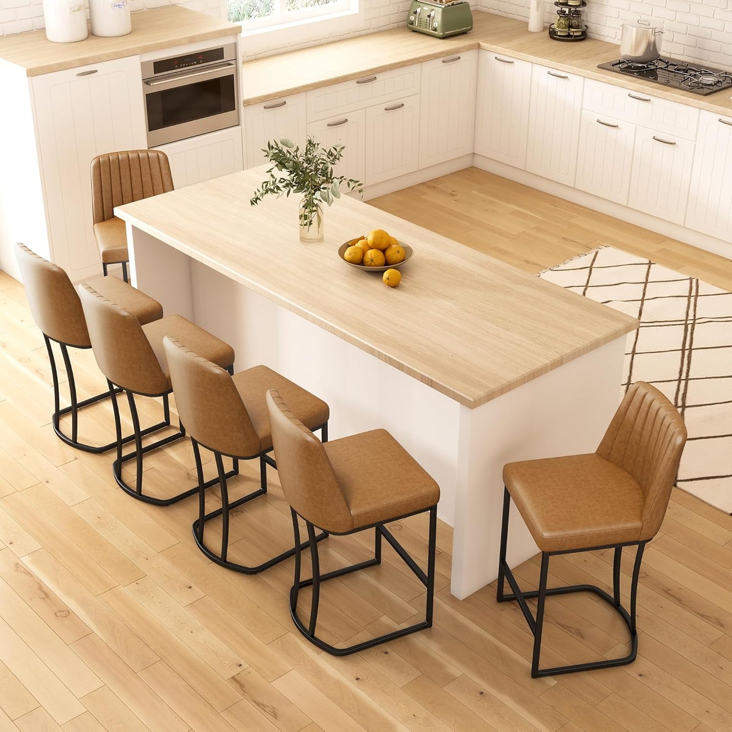 Counter Height Bar Stools Set of 6, Upholstered Leather Barrel Barstools with Back and Metal Legs for Kitchen Island, 27.4" Seat Height, Fabric in Faux Leather, Rustic Brown