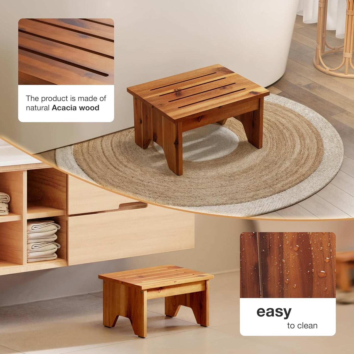 Holana 9" Acacia Wood One Step Stool for Adults - 300 Lbs Wooden Step Stools Heavy Duty for High Bed Riser, Bathroom, Bedroom - Small Stepping Stool for Elderly, Seniors, Kids, Handicap Use Indoor