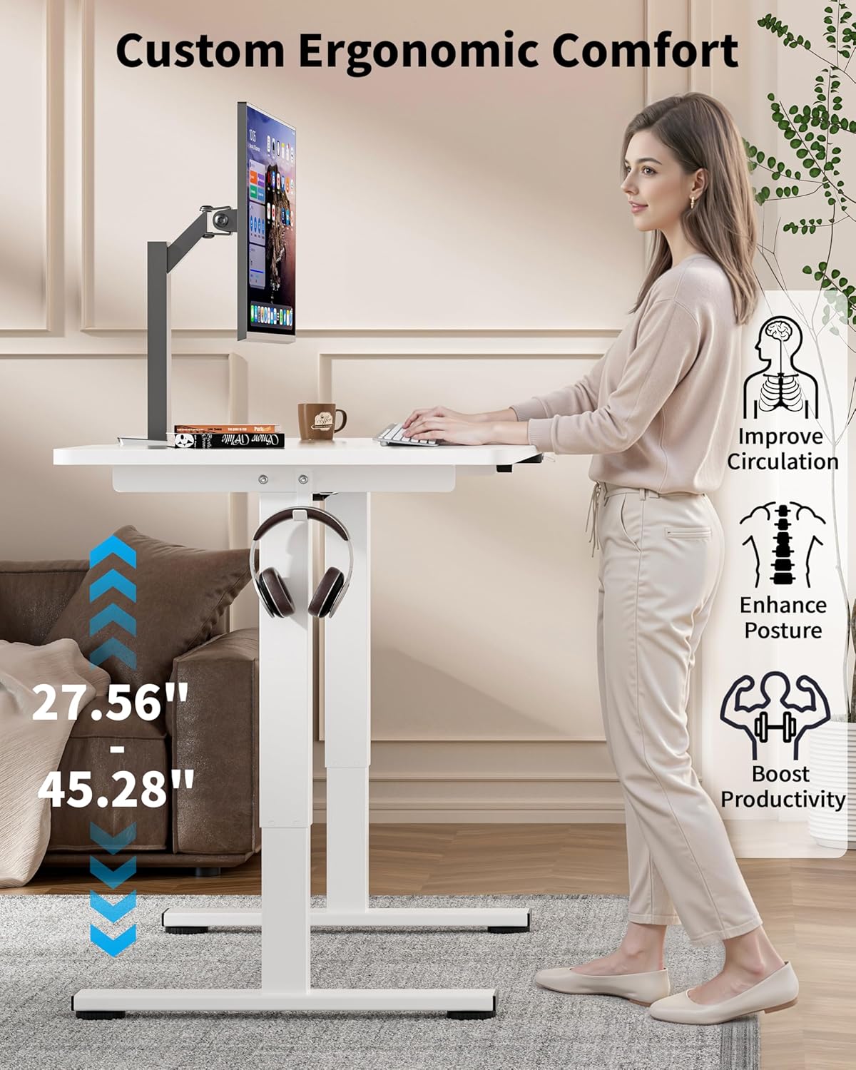 Okin Small Electric Standing Desk, 40" x 24" Whole Piece Height Adjustable White Sit to Stand Desk Computer Workstation for Home Office