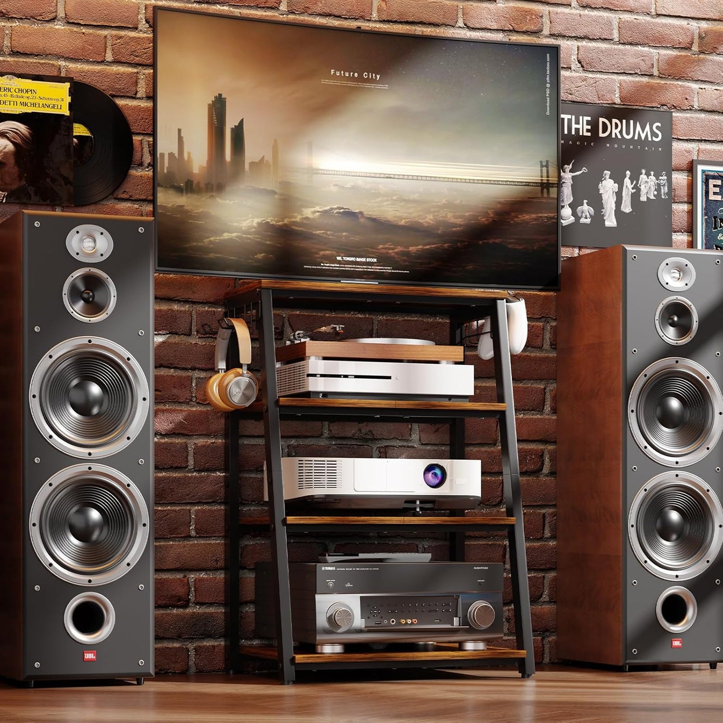 4-Tier AV Media Stand with 2 Hooks,Heavy Duty Stereo Cabinet Furniture-Large Stereo Rack and Game Console Stand,Wooden Record Player Stand,Audio Stand Perfect for DVD Players/Game Console/TV Box/Xbox