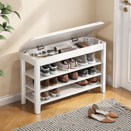 Shoe Rack Bench Seat Rubberwood 3-Tier Wooden Storage Bench 550lbs Compact Mid-Century Modern Design for Entryway, Hallway, Closet, Front Door Entrance, Foyer
