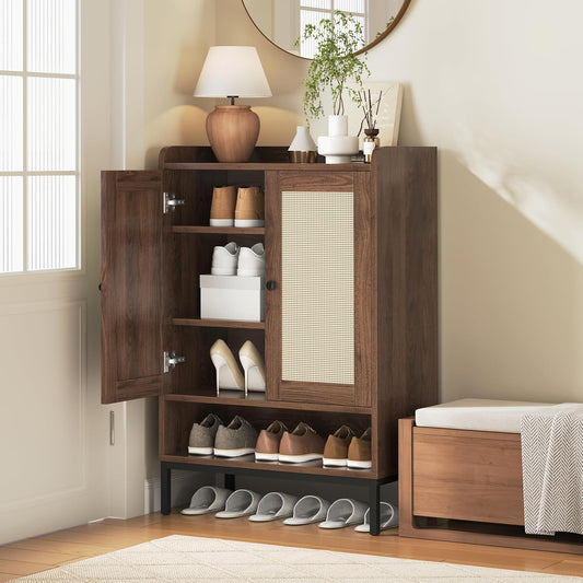 Rattan Shoe Cabinet Storage for Entryway, Shoe Cabinet with Adjustable Shelves for Entryway, 5-Tier, 20 Pair Shoe Rack Storage for Hallway, Closet, Living Room, Brown