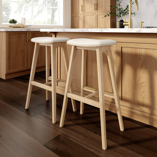 Plank+Beam Beryl Bar Height Stool - Mid-Century Modern Rubberwood Bar Stool with Faux Leather Seat, Metal Footrest, Easy Assembly, 2-Pack, Blonde/Sesame