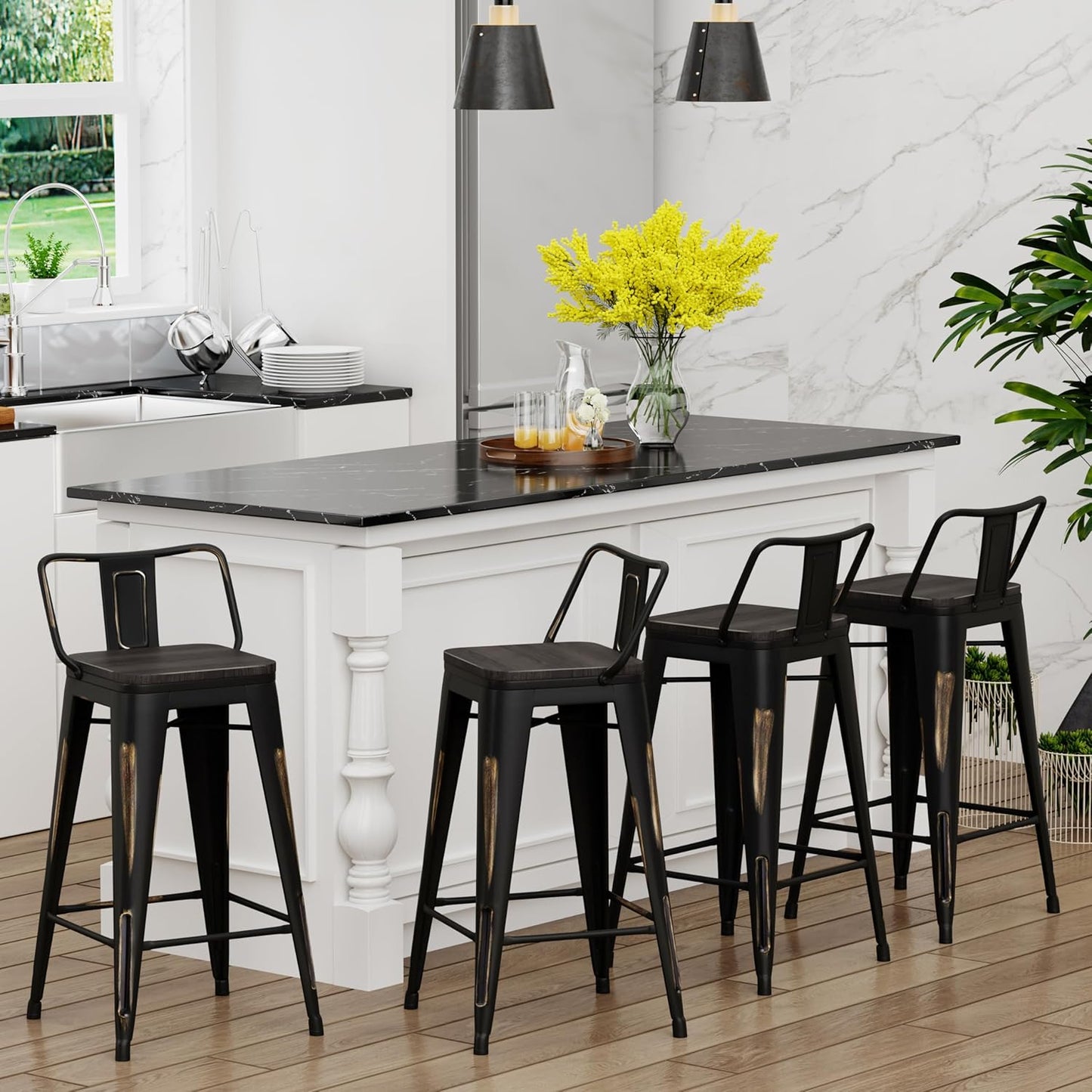 Yongchuang 26 inch Metal Bar Stools Set of 4 Counter Bar Stools Distressed Gold Black Wood Top Low Back