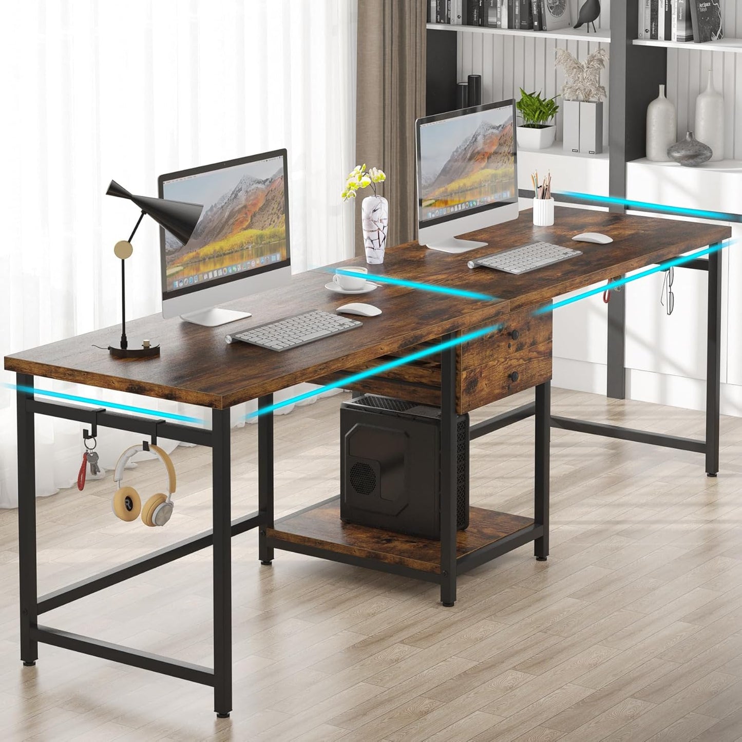 Tribesigns Two Person Desk, 79 Inch Double Desk with 2 Drawers, Large Computer Desk Long Desks with Storage Shelves, Writing Table Study Desk for Home Office, Rustic Brown (NY001)