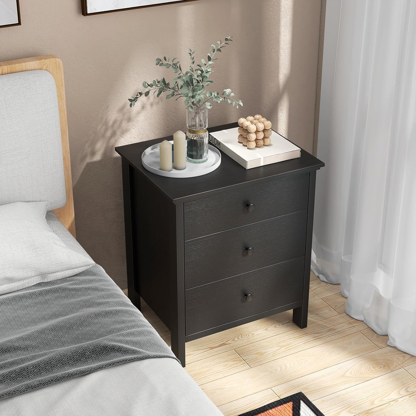 KOMFOTT 3 Drawers Nightstand, Wooden Bedside Table, Modern Sofa Side End Table, Space-Saving Telephone Table, Chest of Drawers for Living Room, Bedroom & Office (1, Black)