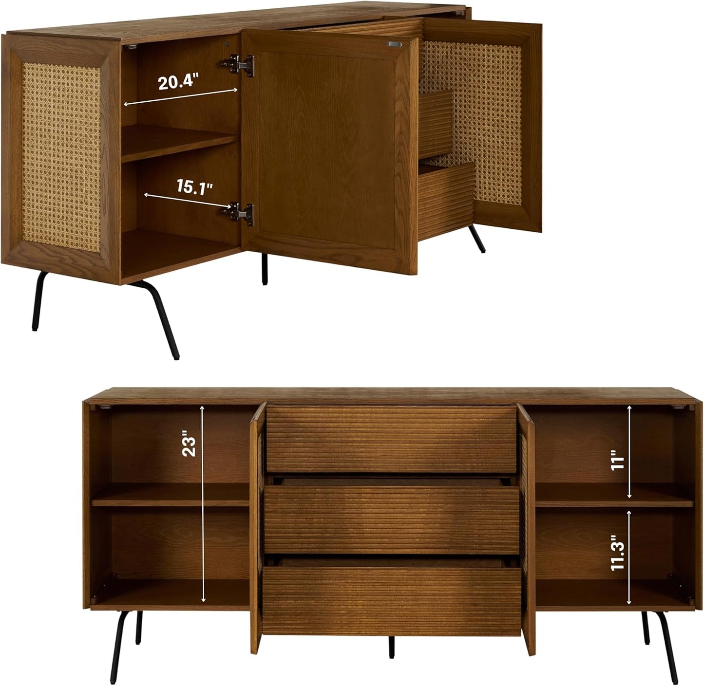 NTC MOSSIC Sideboard with 2 Doors and 3 Drawers, Buffet Cabinet with Natural Rattan and Metal Legs, Modern Storage Cabinet for Living Room, and Hallway, Effortless Assembly - Rustic Oak