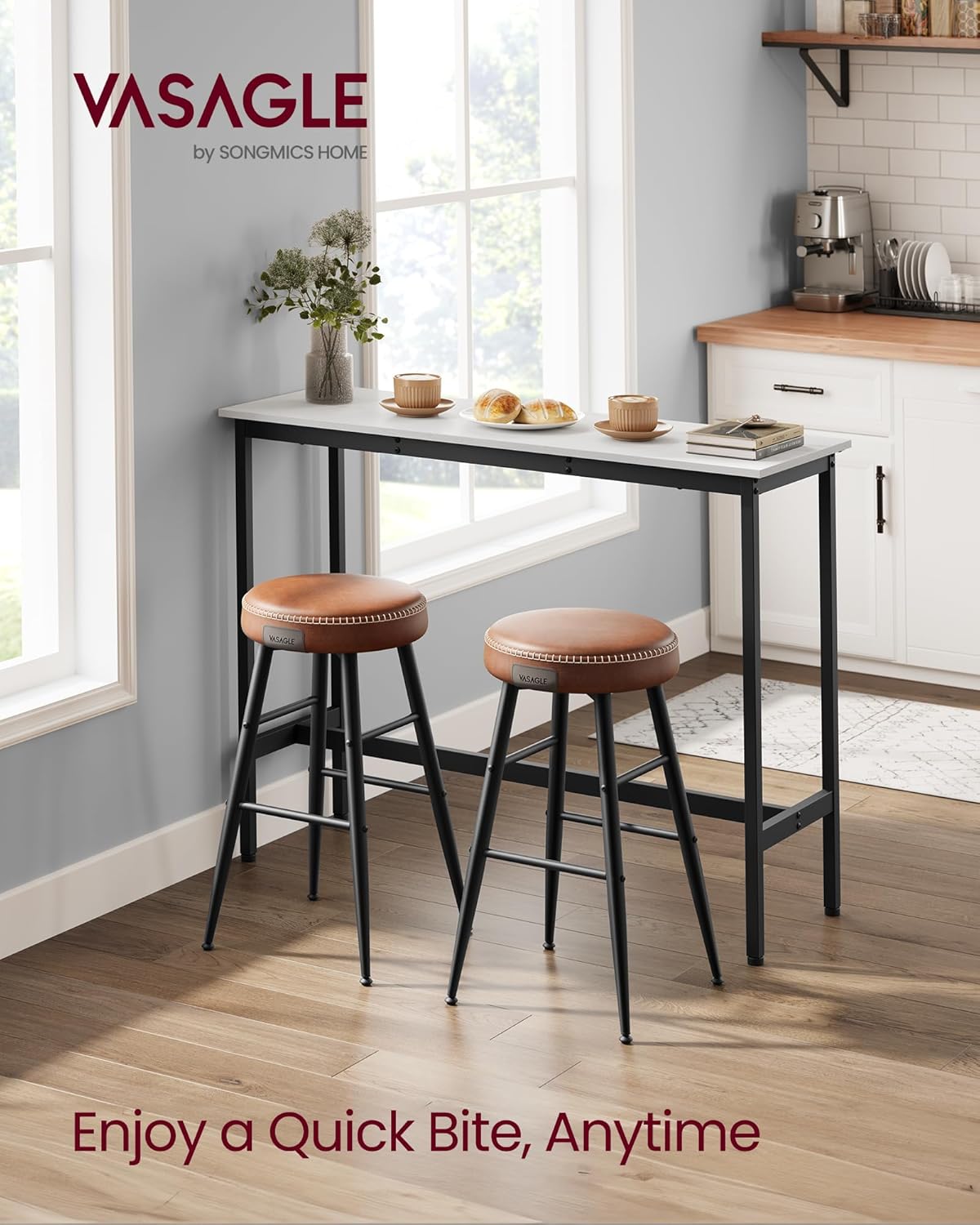 VASAGLE Bar Table, Narrow Long Kitchen Dining Table, Sturdy Metal Frame, Industrial, 15.7 x 47.2 x 35.4 Inches, Rustic White and Ink Black ULBT120B73