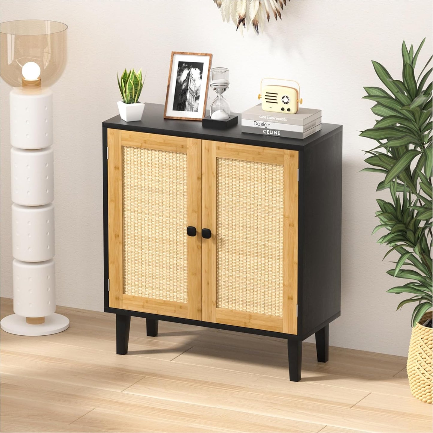 Bamboo Sideboard Buffet Cabinet with Rattan 2 Doors Kitchen Cupboard Accent Entryway Living Room Cabinet Black
