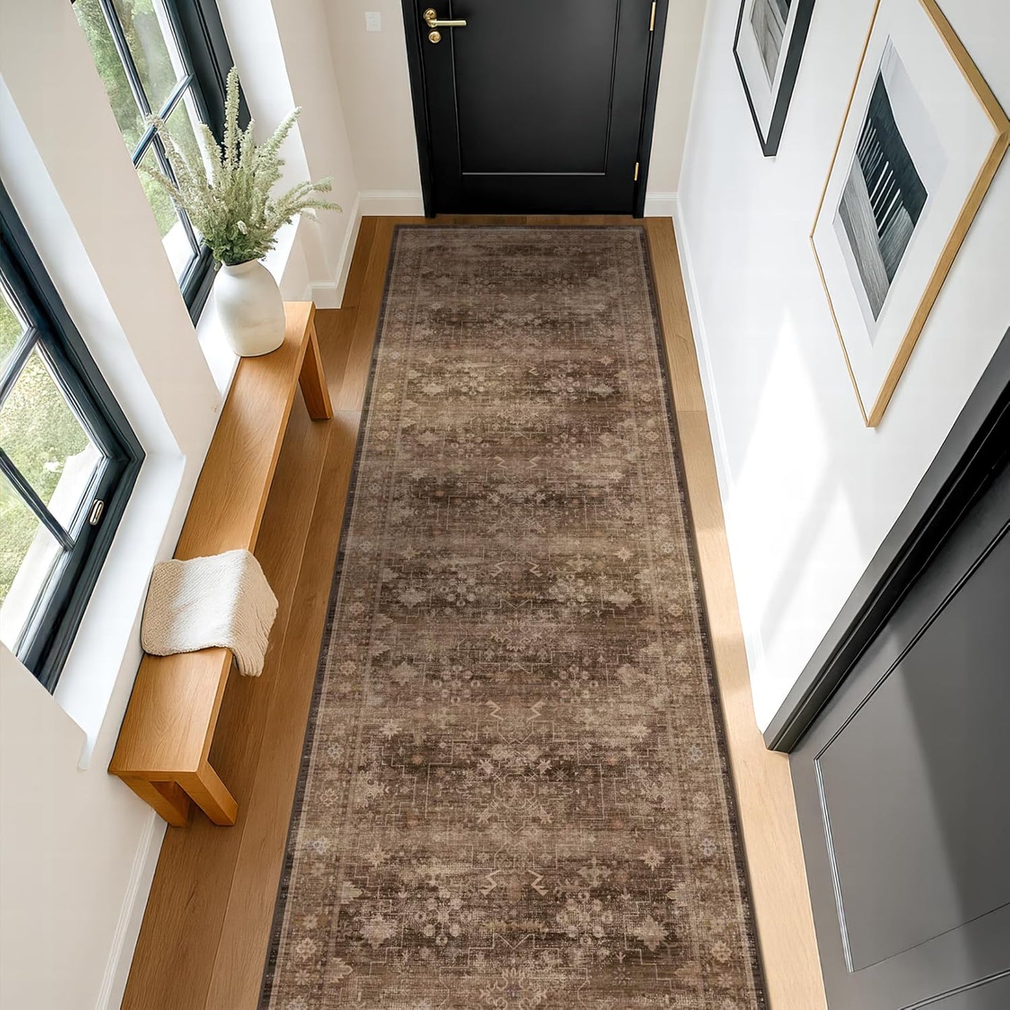 Brown Earthy Boho Washable 3x10 Extra Long Hallway Runner Rug, Waterproof Large Kitchen Floor Rug Indoor, Non-Slip Stain & Fade Resistant, Vintage Dark Taupe Decor