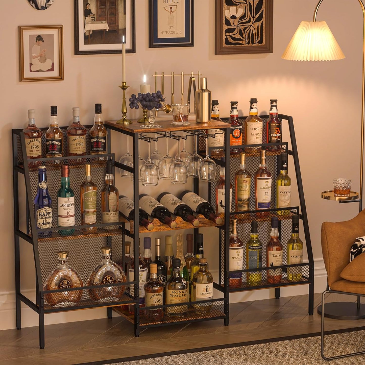 Versatile Bar Stand with Glass Holder, Wine Rack Freestanding Floor, Liquor Cabinet for Liquor Whiskey Wine, 6-Tier Stepped Bar Cabinet with Fences, Vintage Brown（Patent Pending）