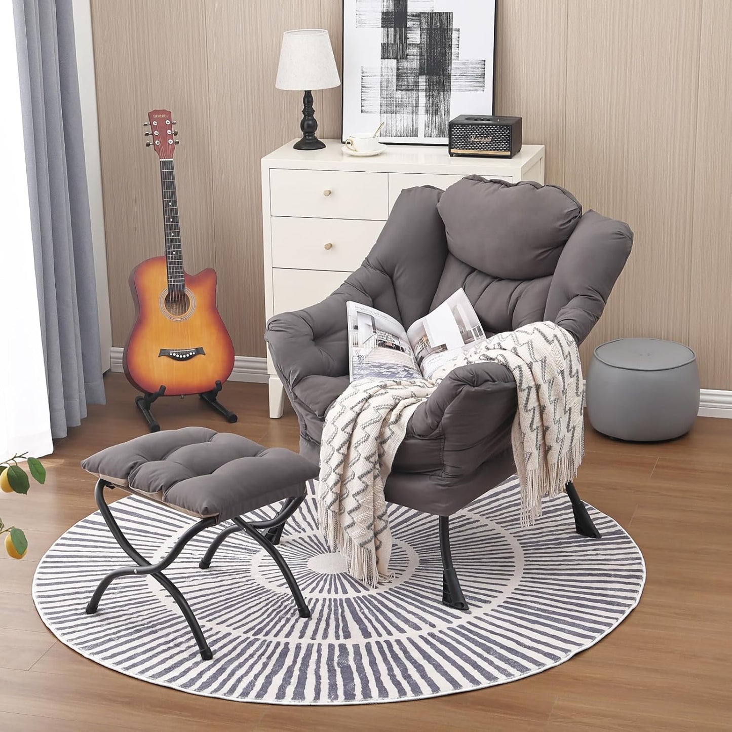 Lazy Chair and Ottoman, Large Accent Lounge Chair with Armrests and a Side Pocket, Modern Leisure Upholstered Sofa Reading Armchair with Footrest for Bedroom, Living Room, Dorm Rooms, Office