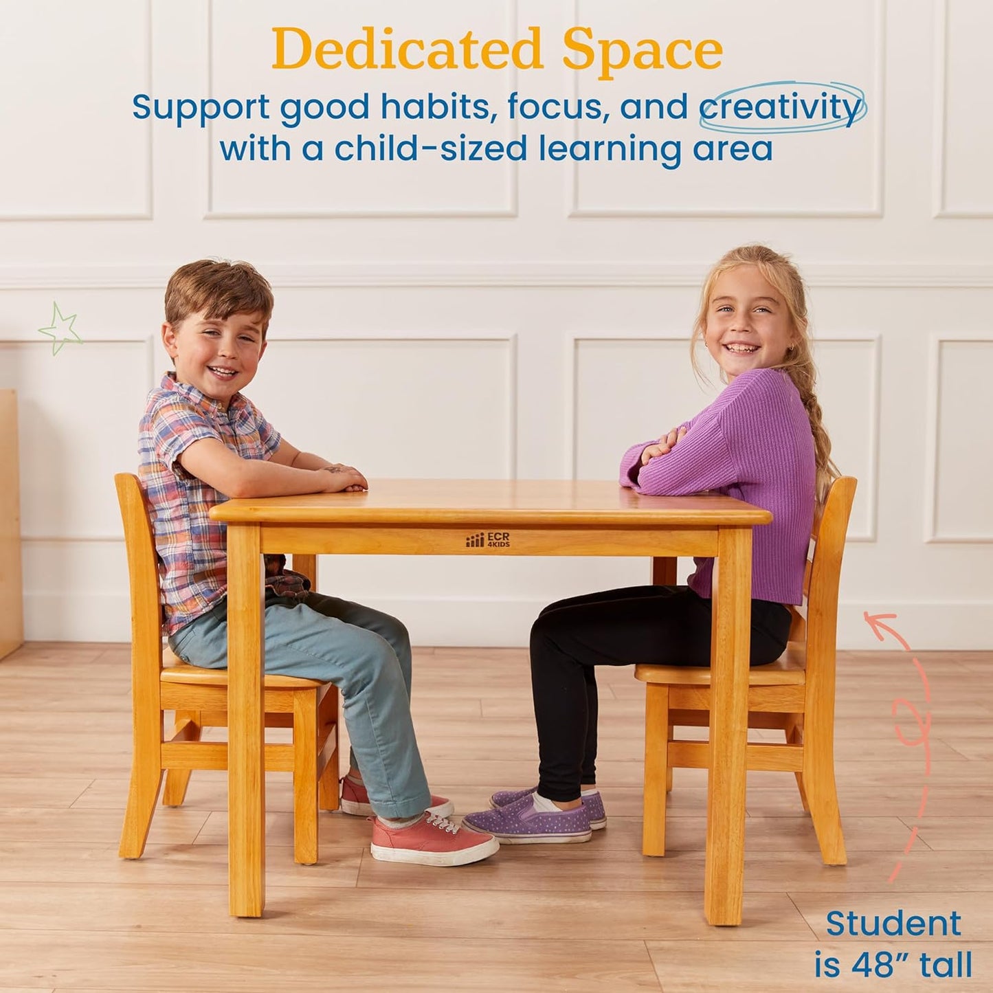 ECR4Kids 30in x 30in Square Hardwood Table and Chair Set, 12in Seat Height, Kids Furniture, Honey