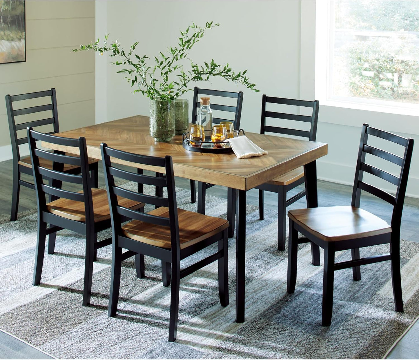 Signature Design by Ashley Blondon Rustic Chevron Dining Table and 6 Chairs, Set of 7, Black & Light Brown