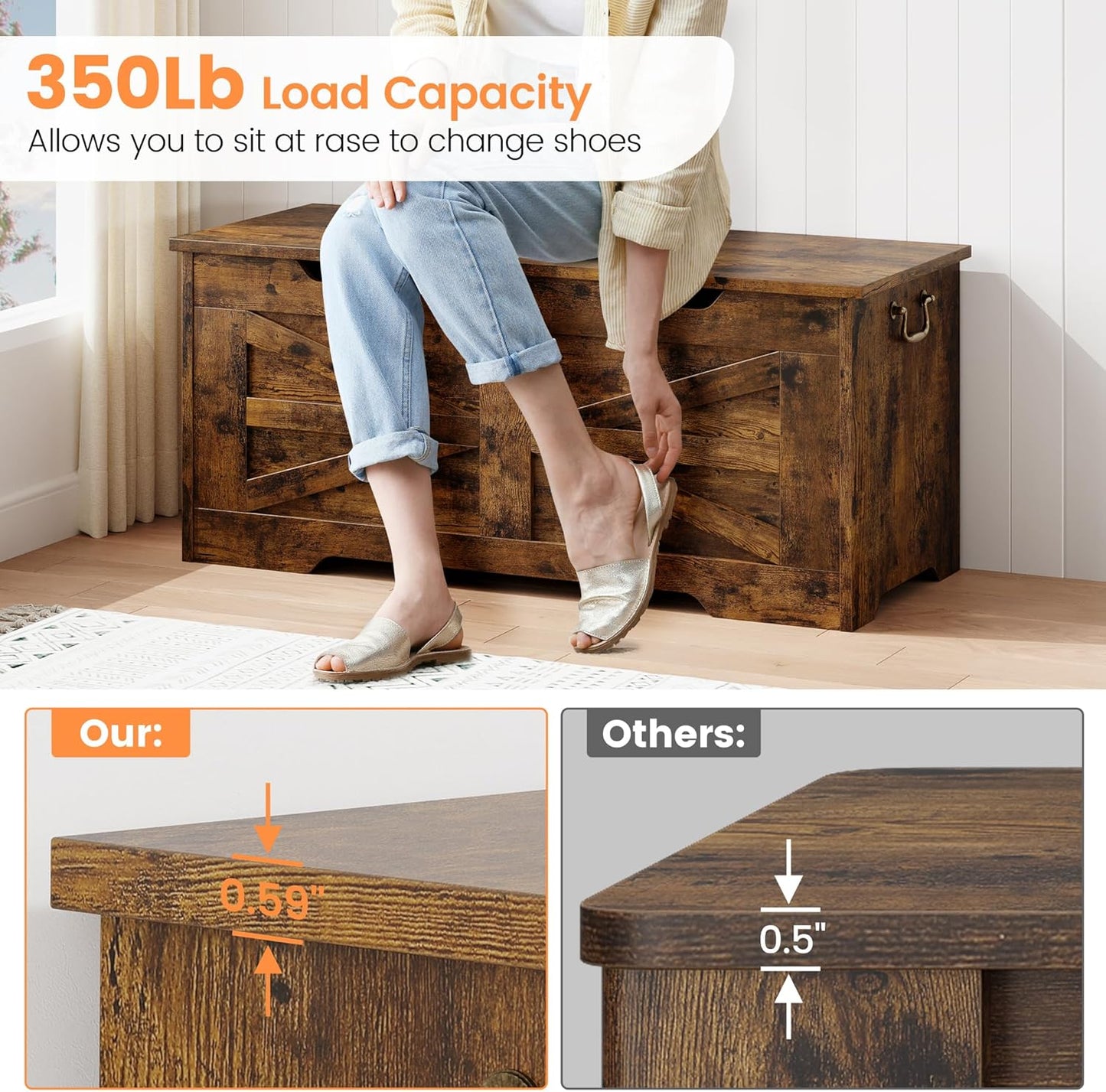 GarveeHome 39.4" Storage Chest, Toy Chest With Lids, Entryway Storage Bench with Safety Hinge, Wooden Storage Trunk, Supports 350 Lb, for Living Room, Bedroom, Rustic Brown