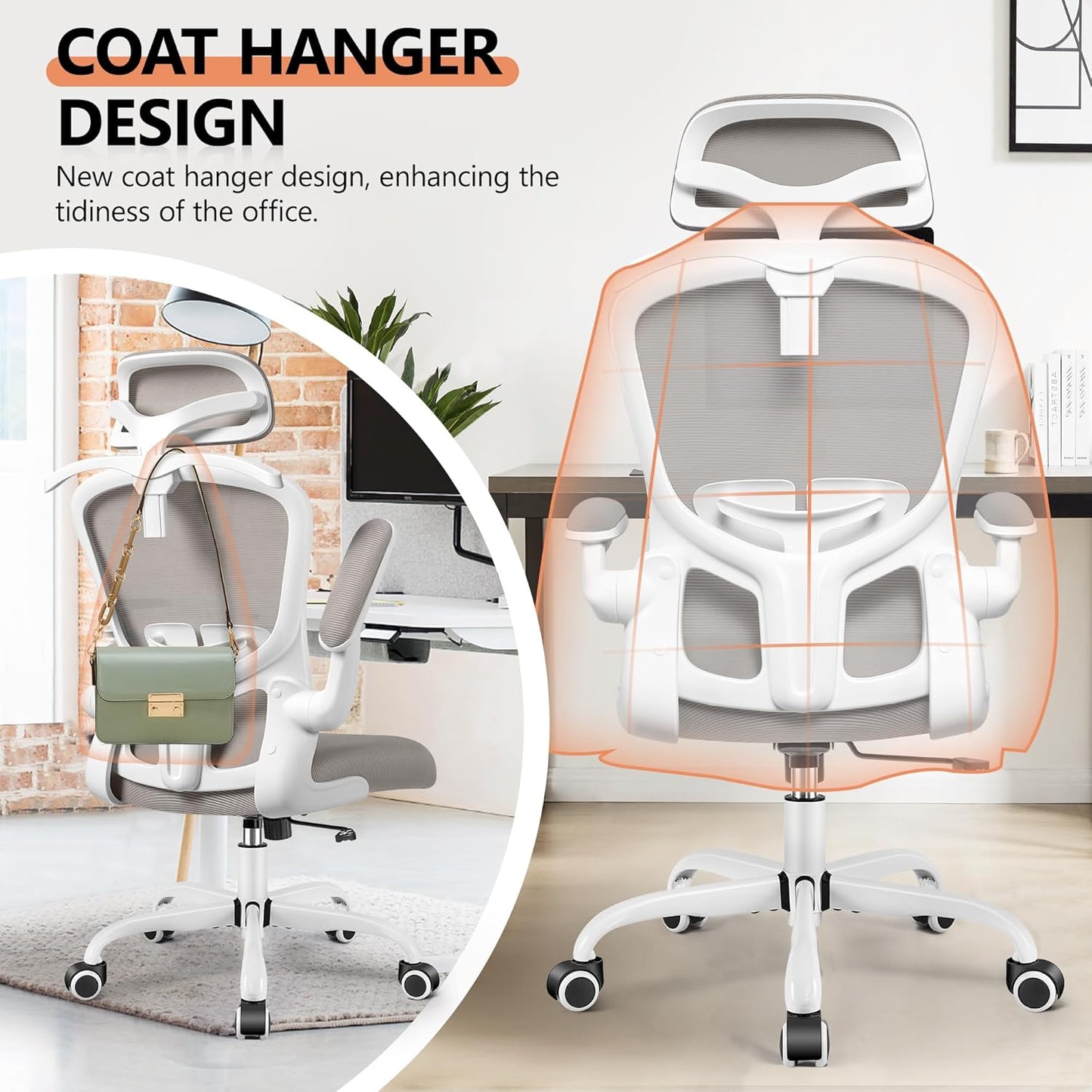 FelixKing Office Chair with Headrest, Ergonomic Desk Chair with Wheels, Task Swivel Comfy Chair with Adjustable Lumbar Support, Breathable Mesh Computer Chair with flip-up Armrests for Home (Gray)