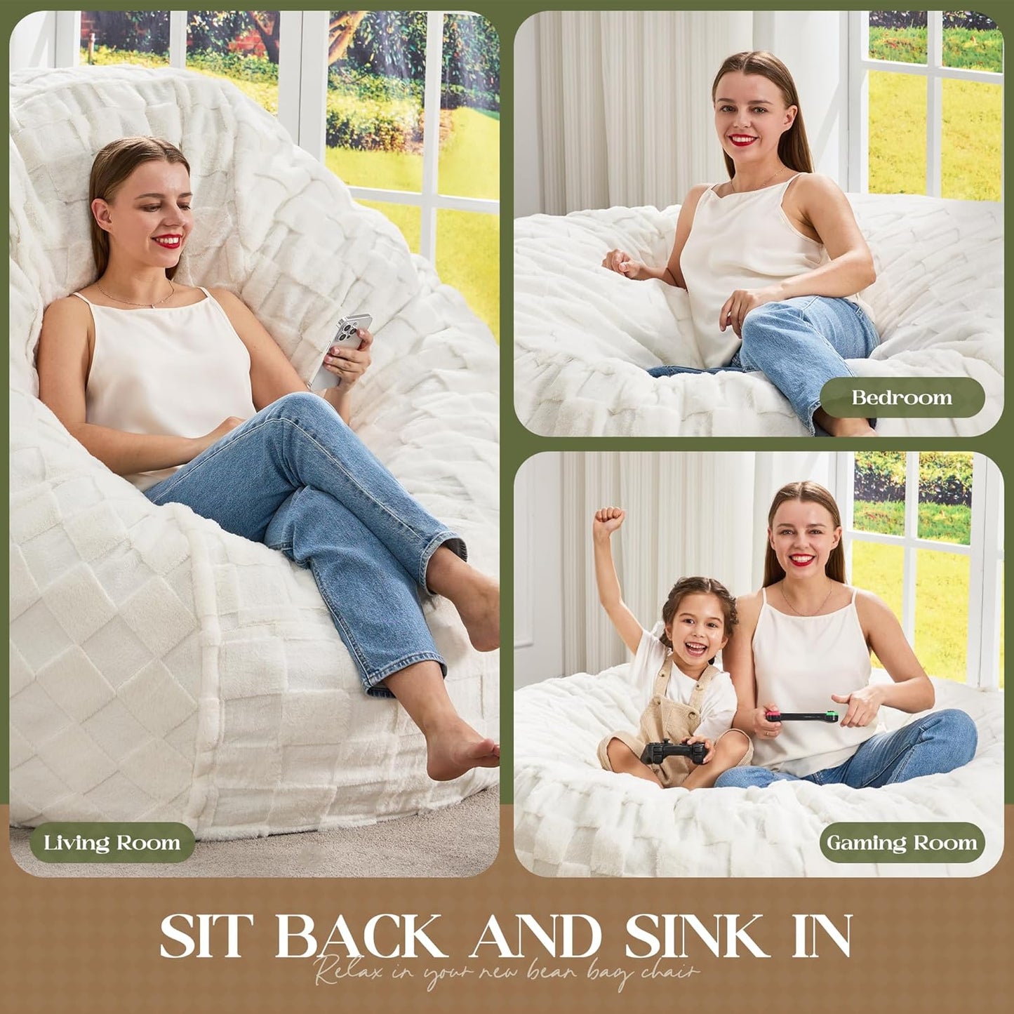 Hobestluk Bean Bag Chairs Beanbag Chair with Filler Adult Bean Bags with Fluffy Cover, Giant Bean Bag Chairs for Adults for Living Room, Bedroom (White, 4FT - 44” x 44” x 24”)