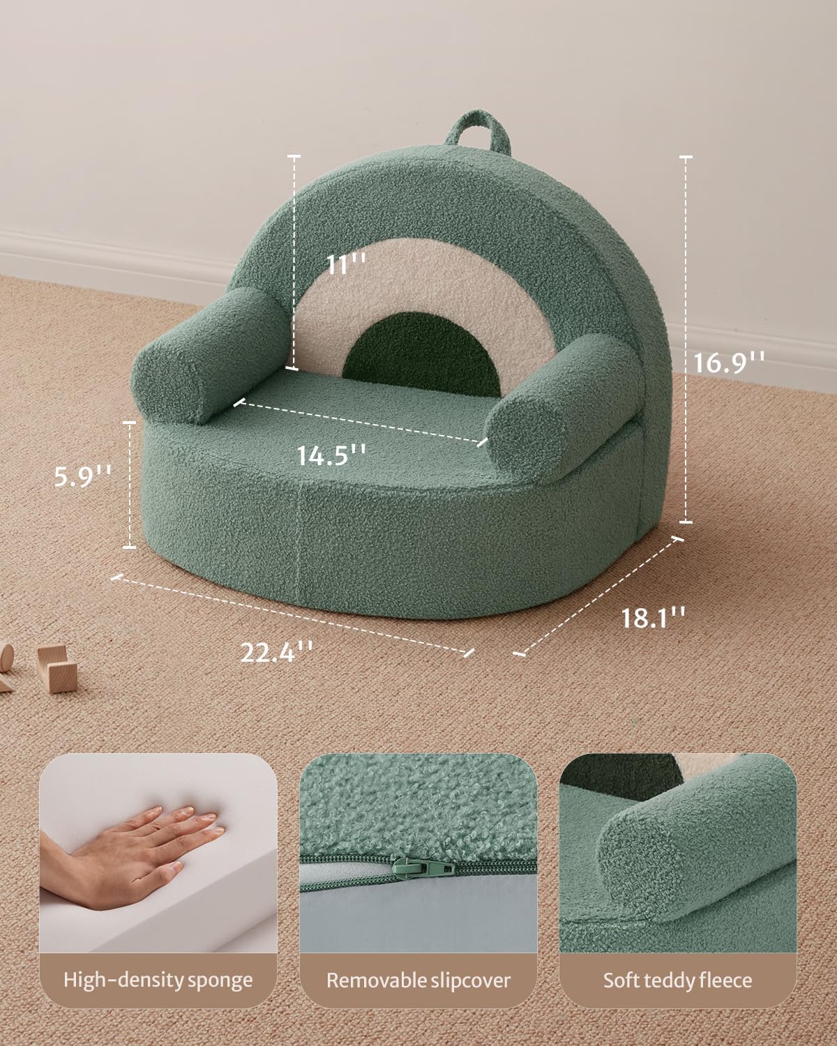 Blissful Diary Toddler Chair Comfy, Foam Kids Chair with Soft Teddy Plush, Toddler Reading Chair with Cute Arclet Designs- Sage Green
