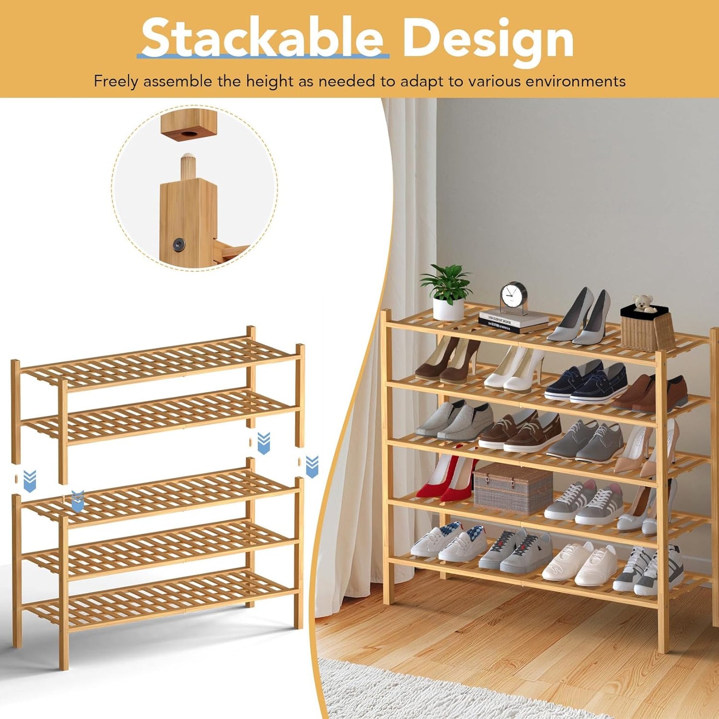 Haddockway Long 3 Tier Bamboo Shoe Rack Storage Organizer,Multifunctional Free Standing Stackable Shoe Shelf with Grid Panel for Closet,Hallway,Entryway,Small Space 34.2"x11"x20"(Natural, 3-Tier Long)