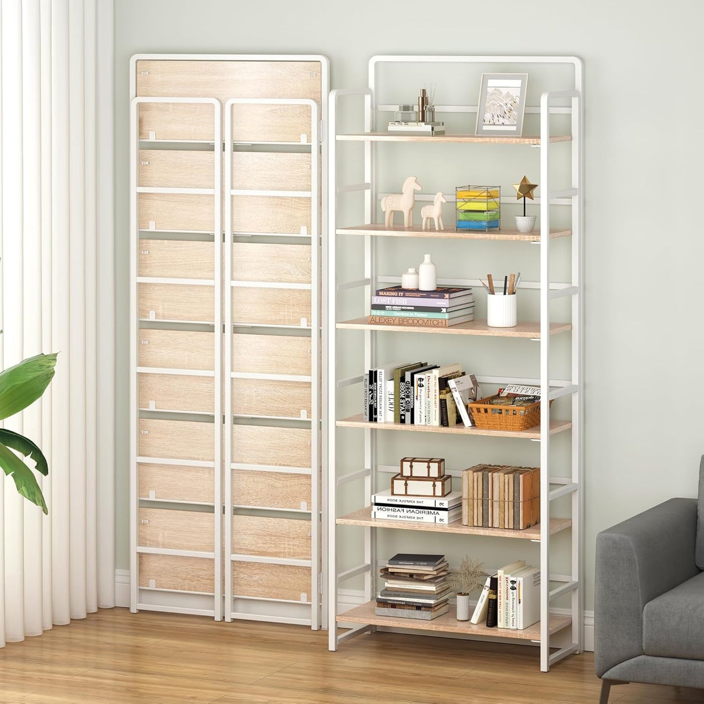 4NM No-Assembly 6 Tiers Folding Bookshelf Storage Shelves Vintage Bookcase Standing Racks Study Organizer Home Office (Natural White)