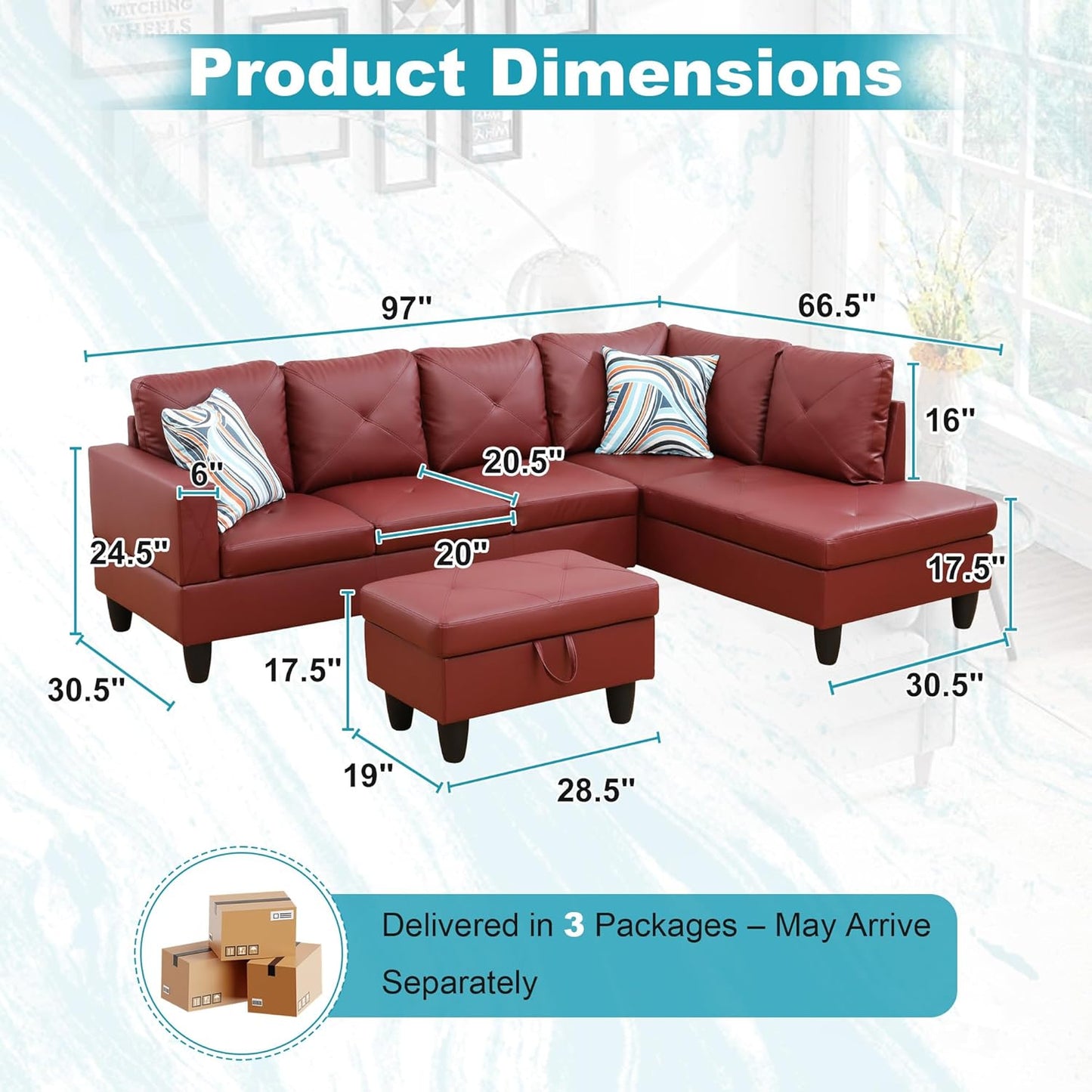97" Oversized Sectional Couch, L Shaped Couch with Storage Ottoman, Modern Modular Sofa with Deep Seat, Sectional Couches for Living Room and Office, Red (Faux Leather)
