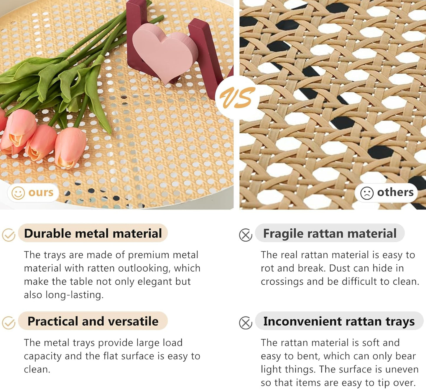 danpinera All Metal Side Table, 2 Tier Anti Rust Small Table with Imitation Rattan Pattern on Removable Trays for Living Room, White Round Nightstand for Bedroom, 20.47 Inch x 16.54 Inch Pearl White