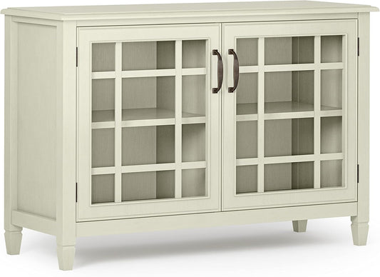 SIMPLIHOME Connaught Solid Wood 46 Inch Wide Traditional Low Storage Cabinet in Antique White, for The Living Room, Entryway and Family Room