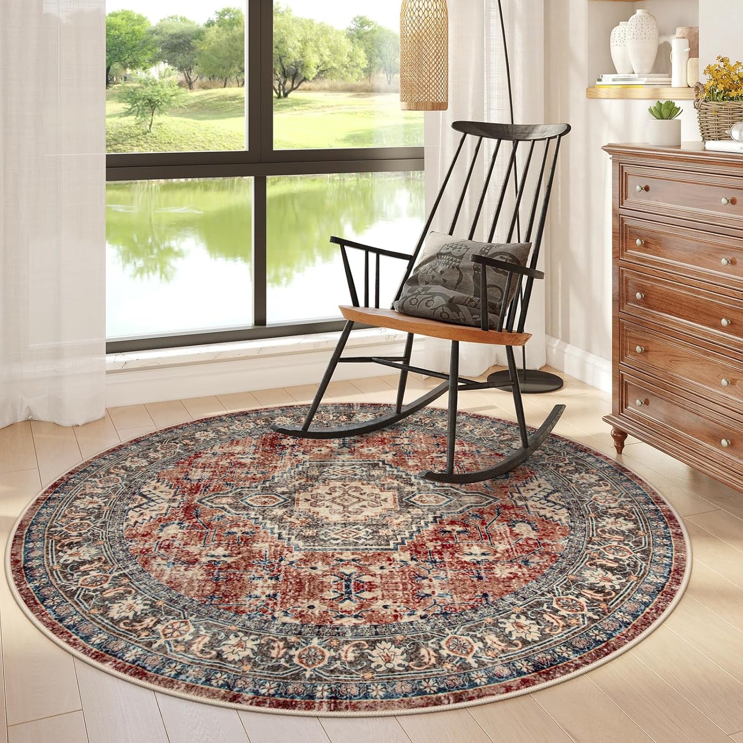 Lahome Oriental Washable Round Rugs, Non-Slip Round Rug 4ft Ultra-Thin, Vintage Soft Small Circle Carpet for Entryway Kitchen Bedroom Nursery Bathroom, Brick Red