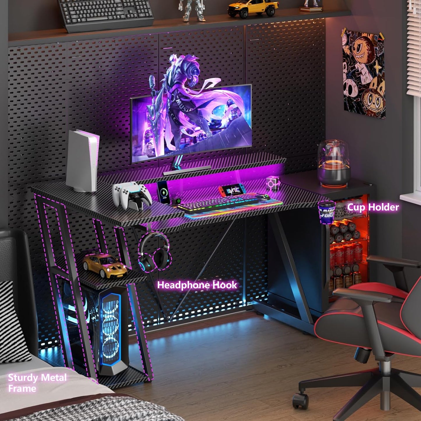 47 Inch Gaming Desk with Power Outlet & LED Lights, Corner Computer Desk with 3 Tiers Storage Shelves, Home Office Desk with Monitor Stand for Small Space, Carbon Fiber Black