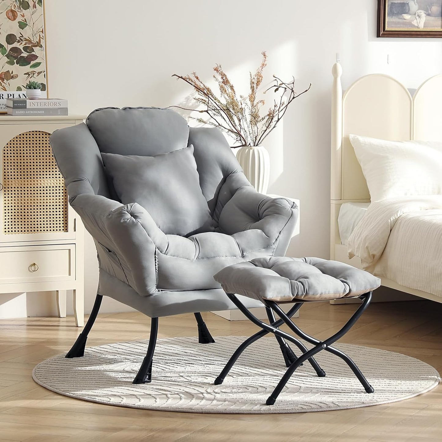 Lazy Chair with Ottoman, Modern Large Accent Lounge Chair with a Pillow, Leisure Sofa Armchair with Ottoman, Reading Chair with Footrest for Bedroom, Living Room, Dorm Room,Peach Light Gray