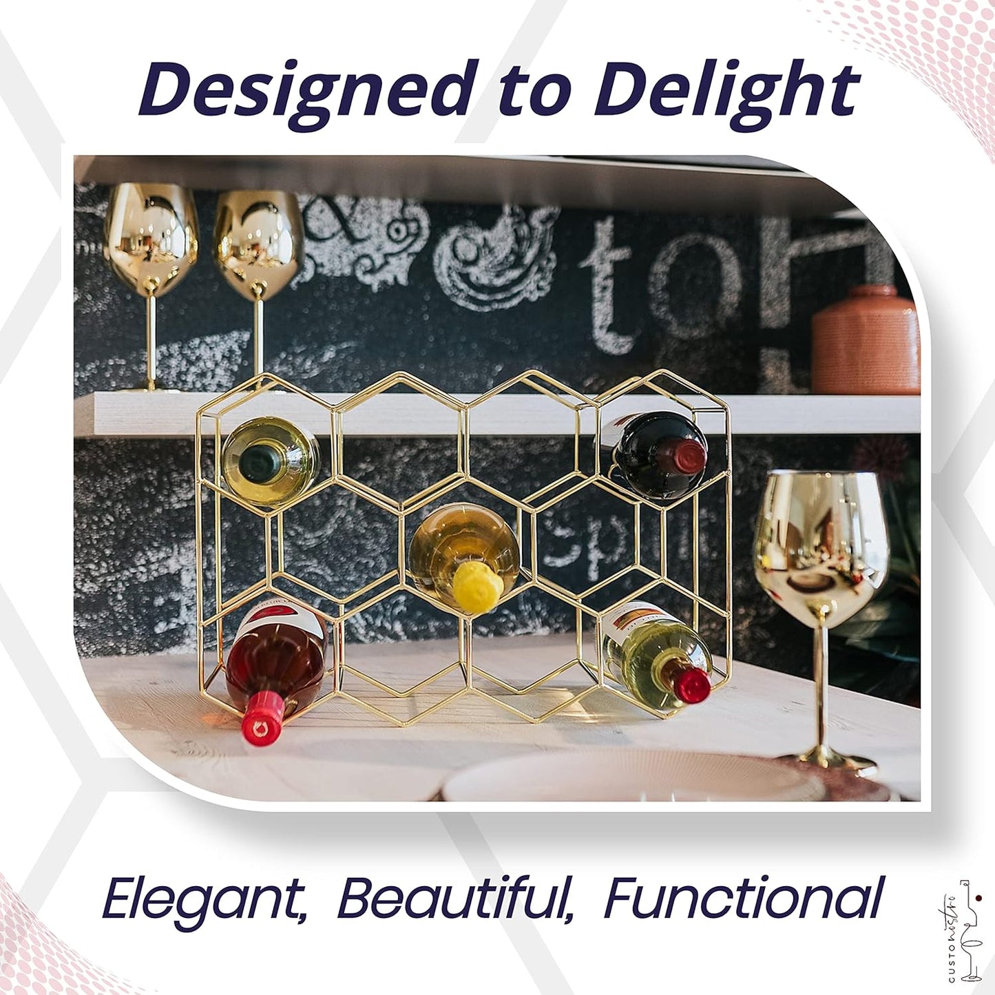 Gusto Nostro Countertop Wine Rack - 14 Bottle Freestanding Modern Gold Metal Small Wine Rack - 3 Tier Tabletop Wine Holder Stand for Cabinet, Pantry, Wine Bottle Storage - No Assembly Required