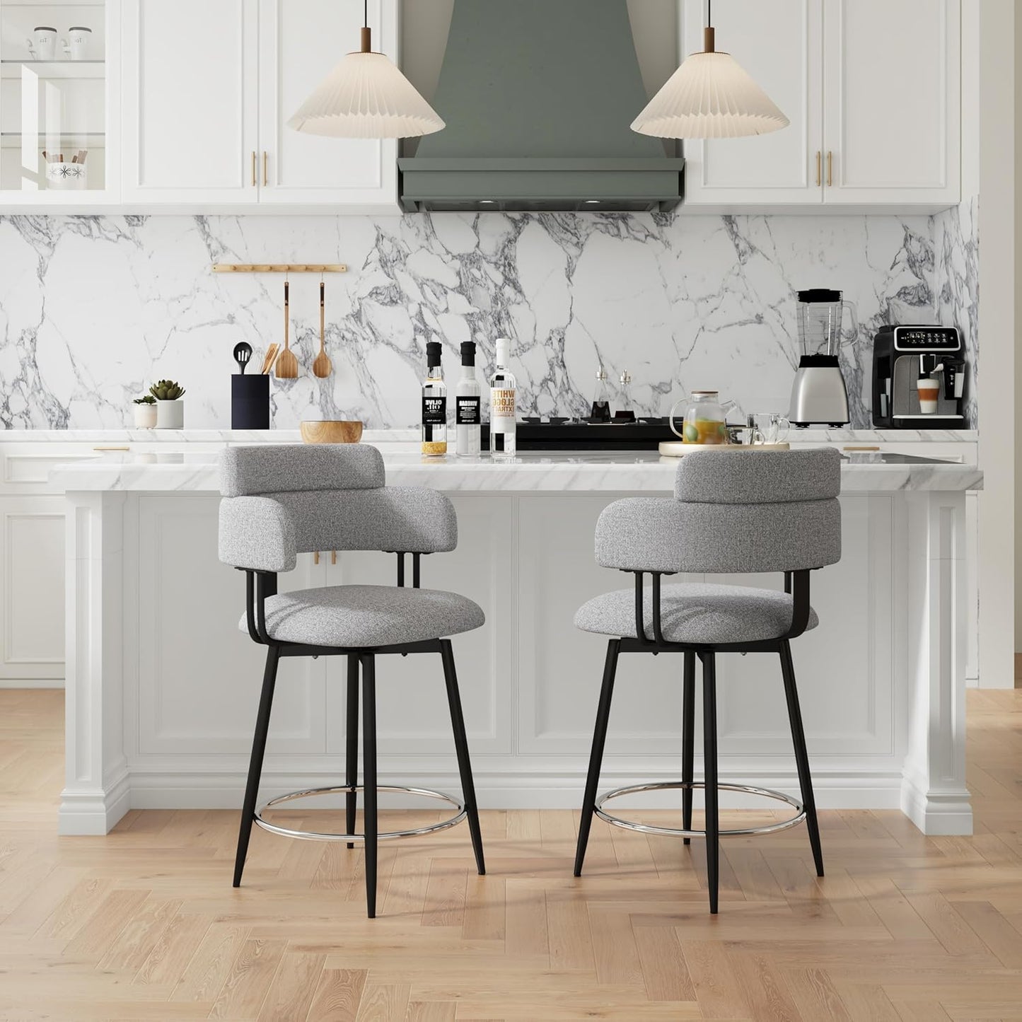 Swivel Bar Stools Set of 2, Counter Height Bar Stools with Ergonomic Full Back, Upholstered Linen Fabric Barstools with Chrome Metal Footrest for Kitchen Island, Dining Room