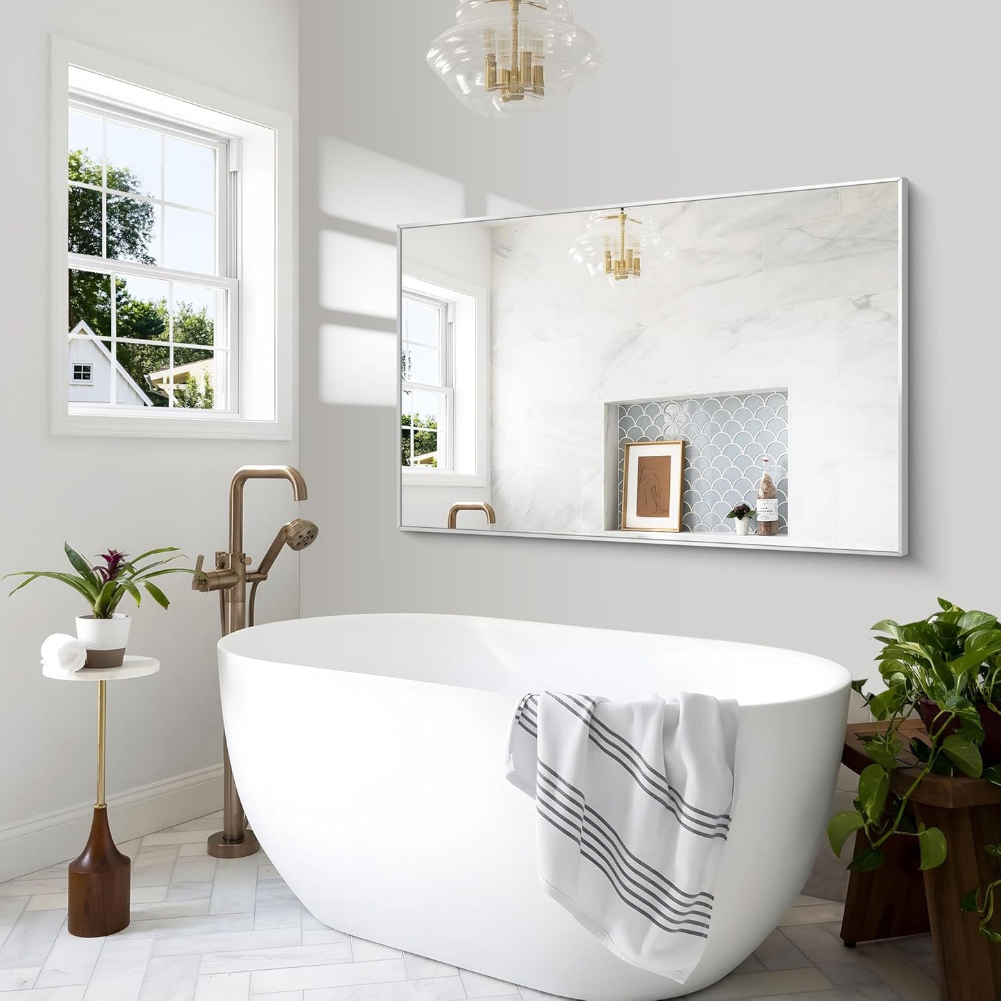 BONEWEI Silver Bathroom Mirror,55x36 inch Wall Mirror for Bathroom Wall Mounted,Large Rectangle Mirror for Bathroom Over Sink,Modern Metal Frame for Living Room,Bedroom Entryway,Horizontal/Vertical