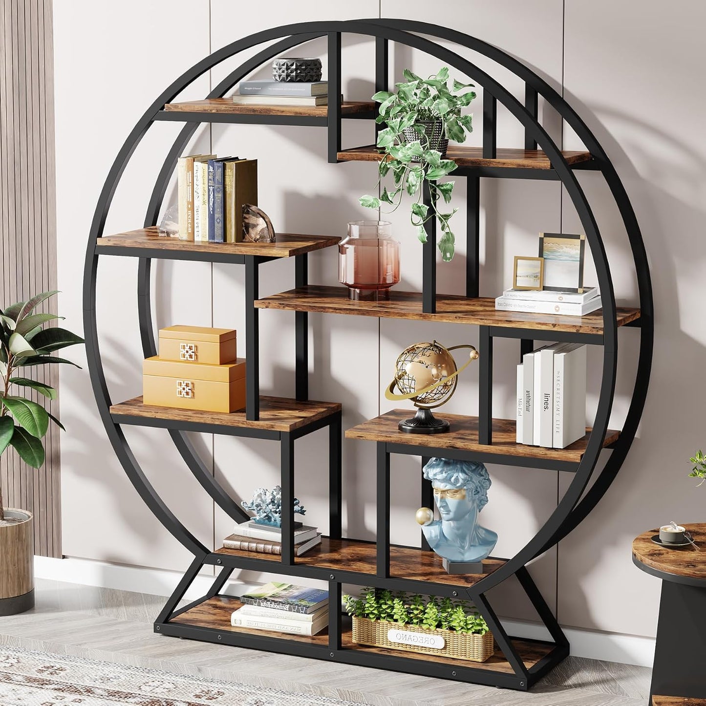 Tribesigns Bookshelf, Round Bookshelves Etagere Bookcase, 63 Inch Industrial Wood Book Shelf with Staggered Shelves, Rustic Open Shelving Organizer Rack Display Shelf for Home Office, Living Room
