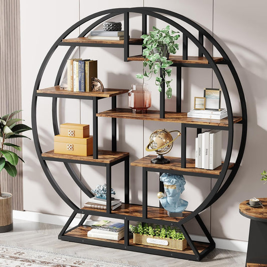 Tribesigns Bookshelf, Round Bookshelves Etagere Bookcase, 63 Inch Industrial Wood Book Shelf with Staggered Shelves, Rustic Open Shelving Organizer Rack Display Shelf for Home Office, Living Room