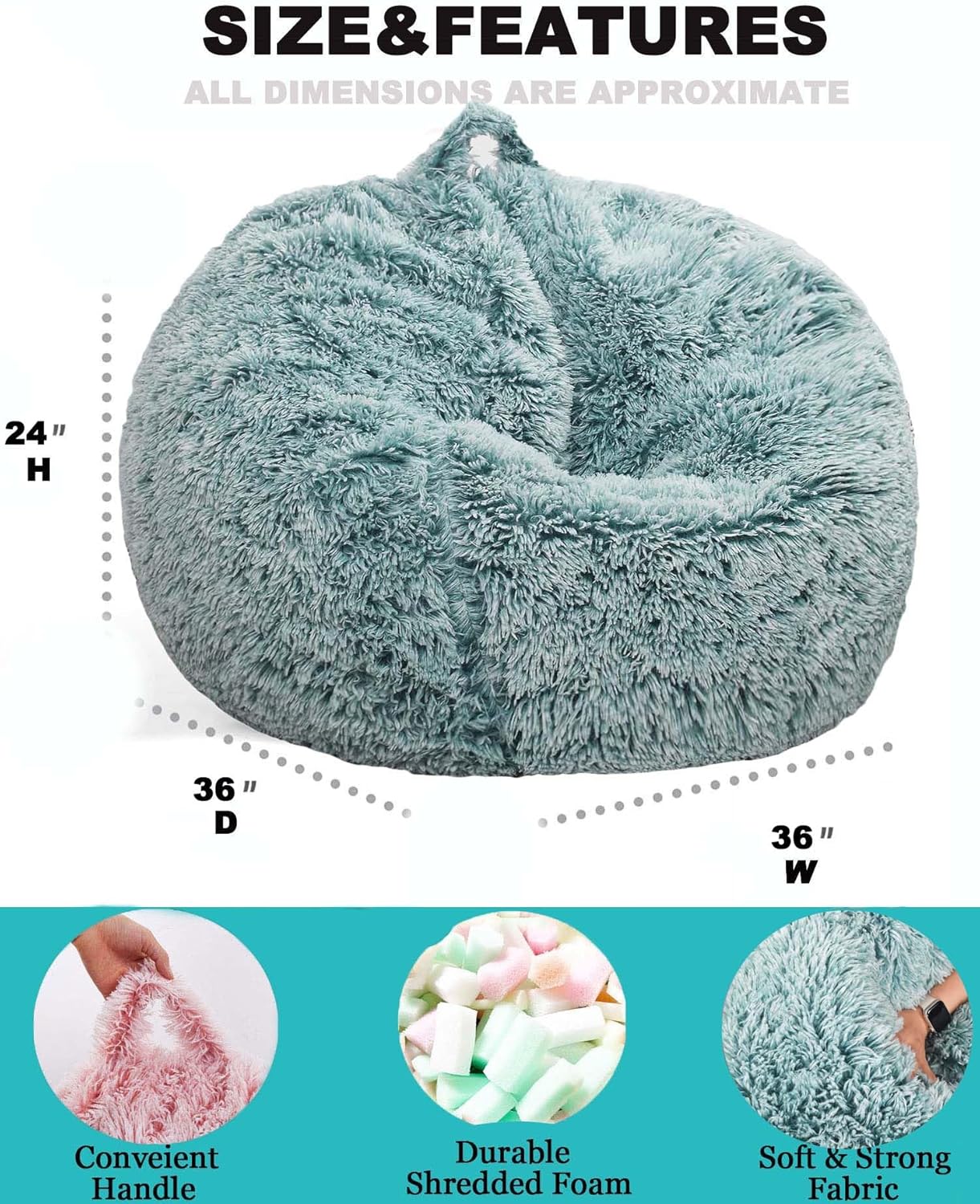 Fluffy Bean Bag Chair, 3FT Round Memory Foam Filled Bean Bag for Teens & Kids, Ultra Soft Faux Fur Fabric Bean Bag Chairs for Playroom, Living Room, Bedroom, Dark Green