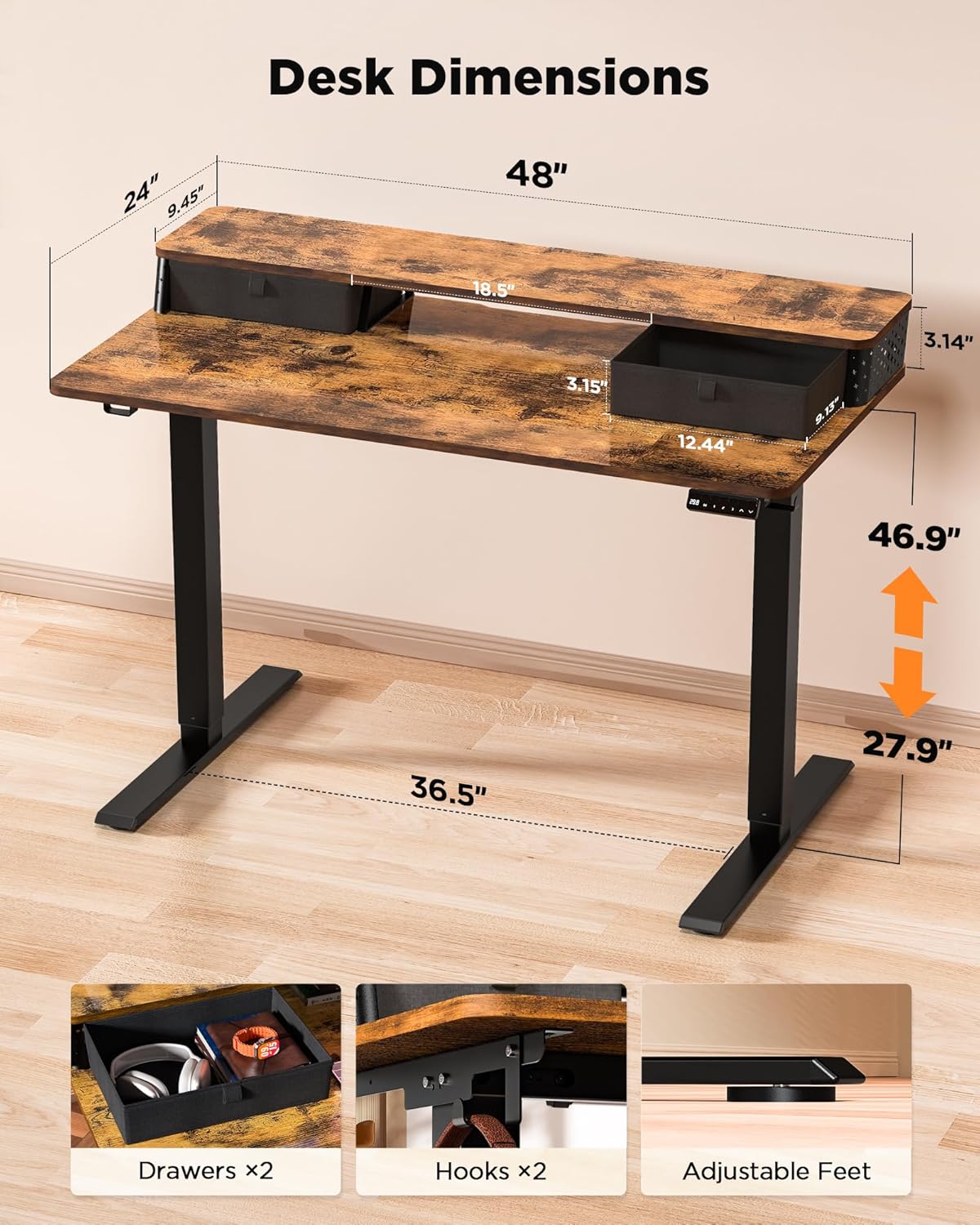 48x24 Inch Standing Desk with Double Drawers,C-Clamp Mount Compatible,Electric Adjustable Height Computer Stand Up Desks, Home Office Sit Stand Table with 3 Preset Heights & Hooks, Rustic Brown