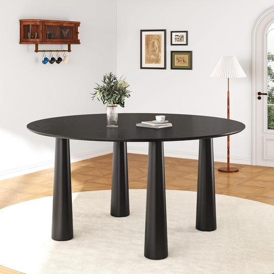 Casaphoria 59" Round Dining Table, Kitchen Table for 6 with Arc-Shaped Edge Top and Cylindrical Legs, Easy Assembly for Living Room, Dining Room, Black