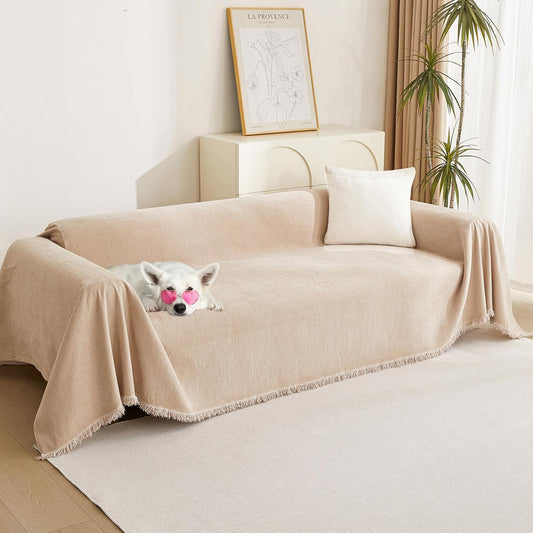 MYSKY HOME Couch Cover 3 Cushion Sofa with Tassel Chenille Sofa Covers Couch Covers for 3 Cushion Couch Sofa Slipcovers for Sectional l Shaped Couch Dogs Protector Furniture Covers, 91" X150", Khaki