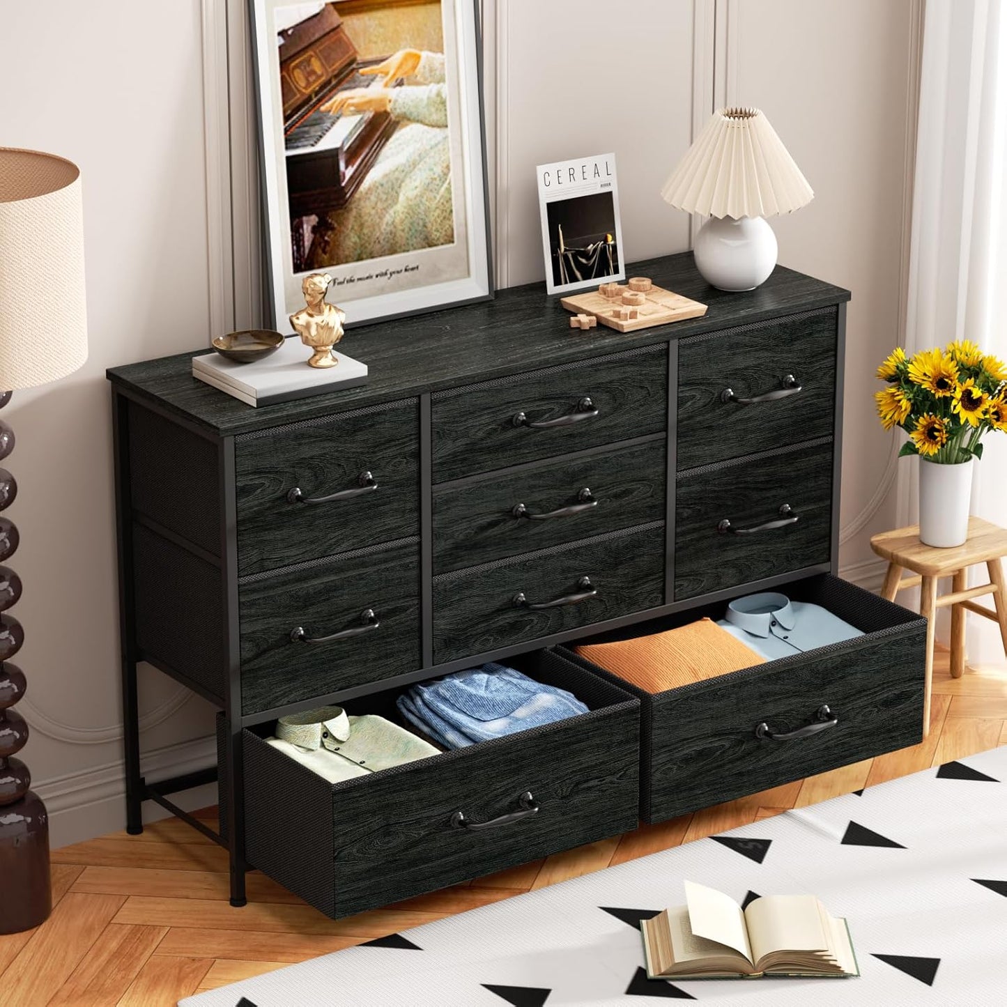 Furnulem Dresser for Bedroom with 9 Large Drawers for 55'' Long Chest TV Stand Entertainment Center, Wood Shelf Storage for Living Room, Dorm, Closet, Entryway, Sturdy Metal Frame(Black Oak)