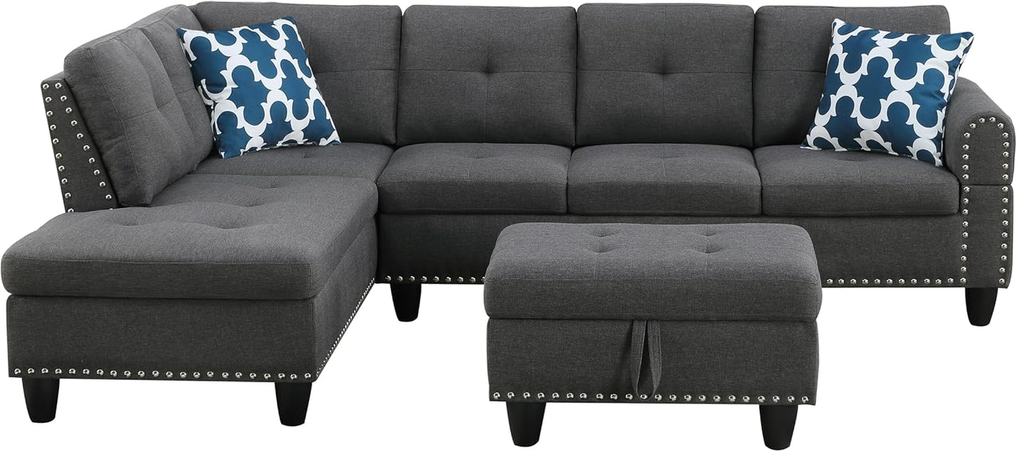 98 Inch L Shaped Sectional Sofa with Chaise Lounge, Storage Ottoman and 2 Pillows, 4-Seaters Linen Upholstered Tufted Couch w/Cupholder & Nailhead Trim for Living Room, Office, Dark Gray