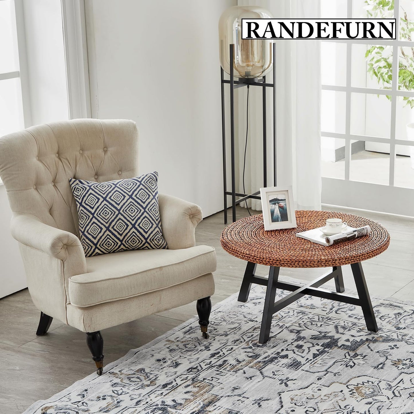 RANDEFURN Round Coffee Table, Seagrass Coffee Solid Pine Wood X Base Frame Cocktail Table, Easy Assembled, Multiple Sizes for Living Room, 32 x 17 Inches,Gold