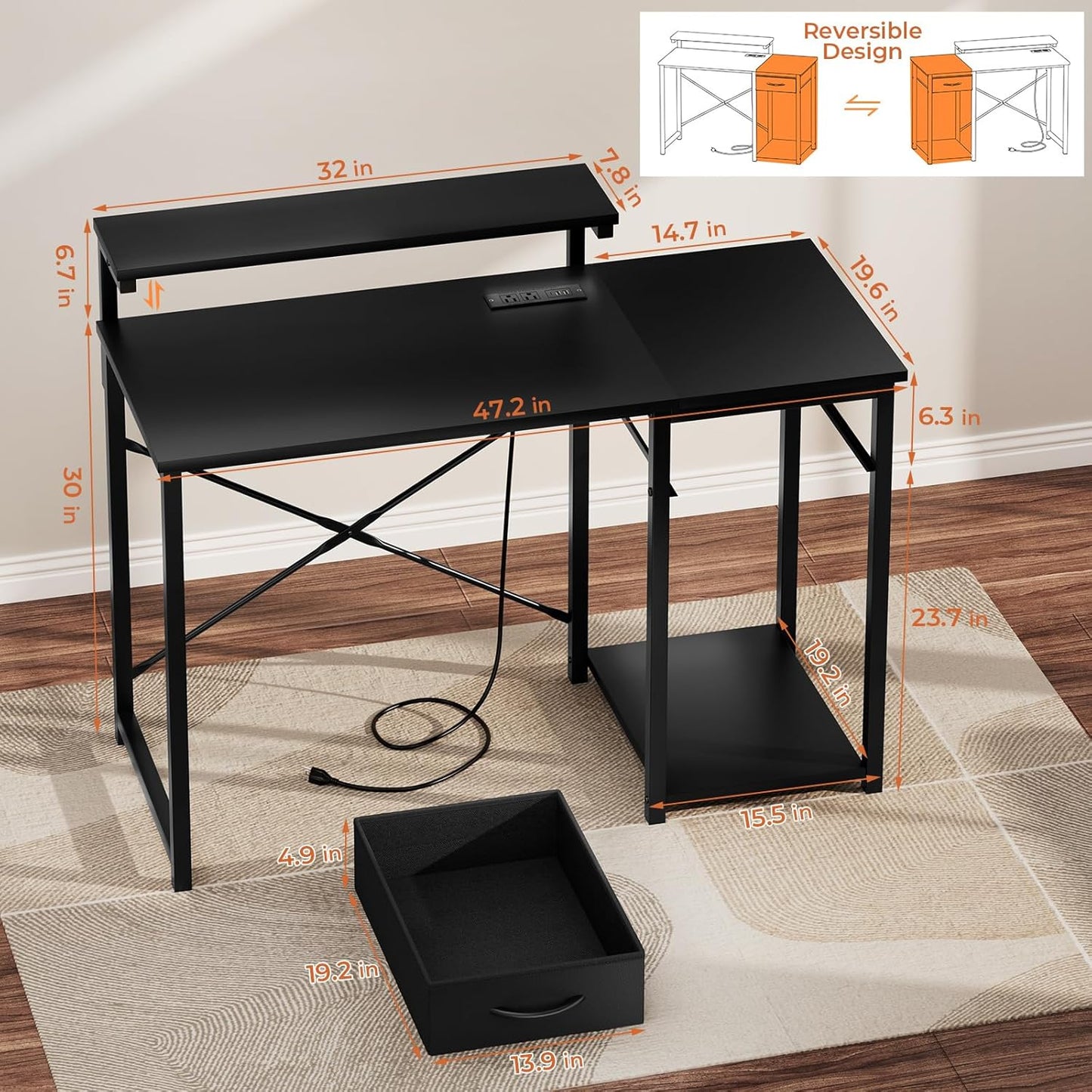 Computer Desk with Adjustable Monitor Stand, 47.2 in Small Desk with Reversible Storage Shelves, Office Desk with Spacious Desktop Spaces for Home Bedroom Workstation, Black